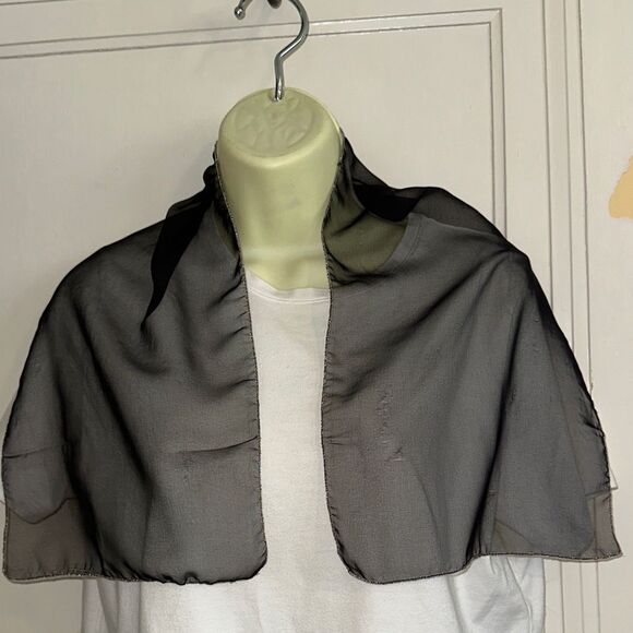Vintage Black Sheer Scarf with Metallic Thread Hem - Picture 2 of 4